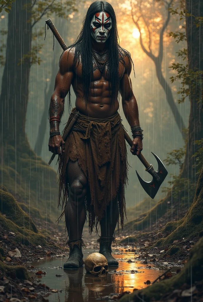 Long hair Filipino igorot in his traditional weaved cloth igorot attire but no accessories, fighting position facing 3/4 left holding bolo and shield, open mouth shouting