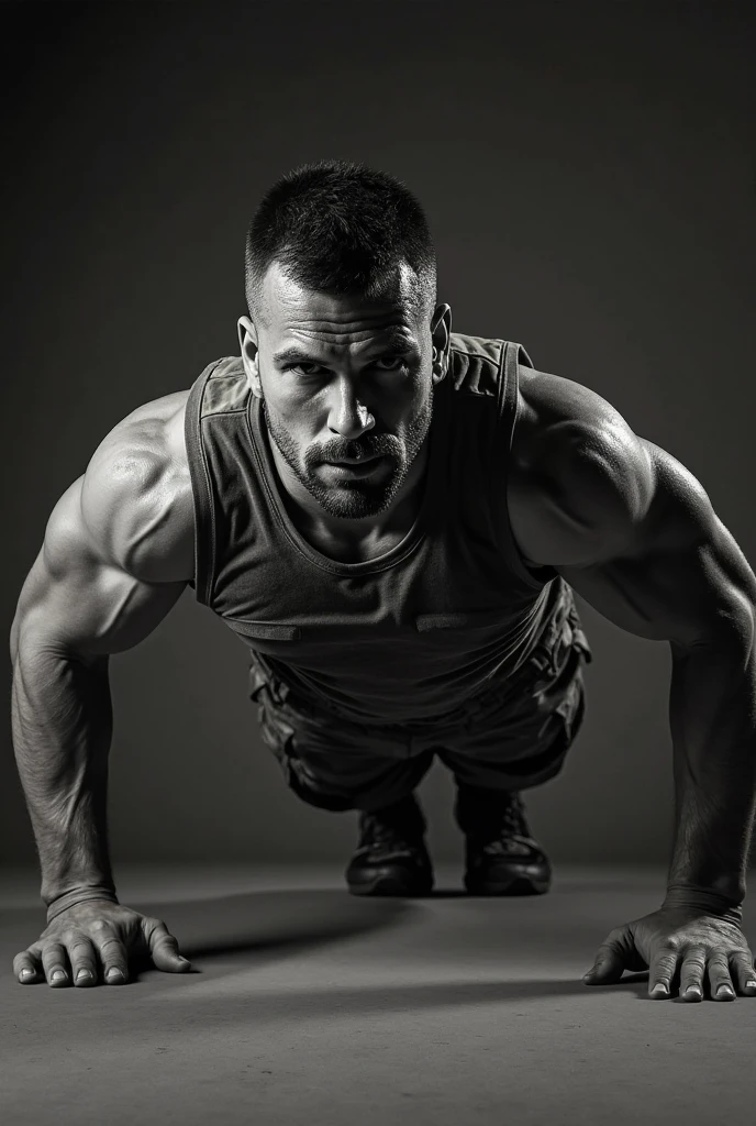 Man doing push-ups, one half of the body that is pure bone and the other half just muscle, pencil drawing without background with top view from the side