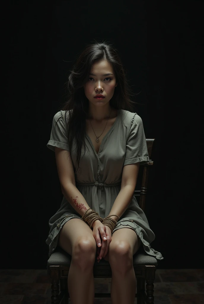 Vietnamese Asian woman in a scattered poor dress sitting on a wooden chair with a chain on its neck and handcuff on its hand, WW2 scene, screaming in agony and begging for help, on a rough wood chair, very realistic image, very detailed, caught on footage, 16k resolution