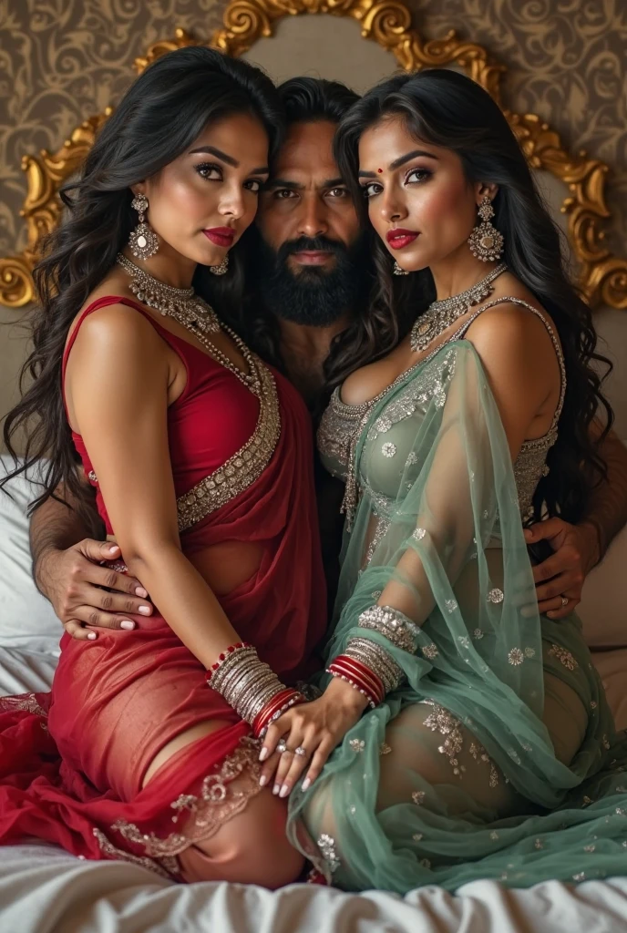 Two hot curvy white milf with long single plaited hairstyle, big breast, big hip, very big ass, thick thighs, perfect body, woman wearing saree, looking at camera, man in middle and two woman, tall man and short woman, in white room, man with short side fade hairstyle, muscular body, beard, looking at camera, one woman skinny and another woman thick curvy,