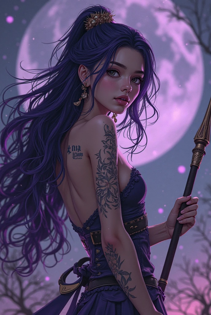 An ethereal being with burgundy hair and violet eyes,adorned with intricate tattoos,gazes to her right. She emanates an otherworldly essence,surrounded by a celestial backdrop with swirling galaxies,creating a cosmic and enchanting atmosphere in this digital art. Her ears are pointed and furry,and a long silver tail sways behind her. She is a descendant of the ancient wolf clan,gifted with the power of the moon and the stars.