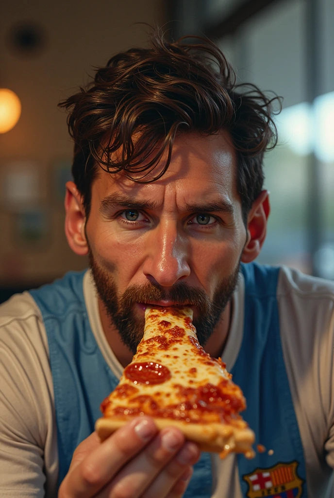 Animated man with tank top, strong, eating a tortilla chip dripping with cheese