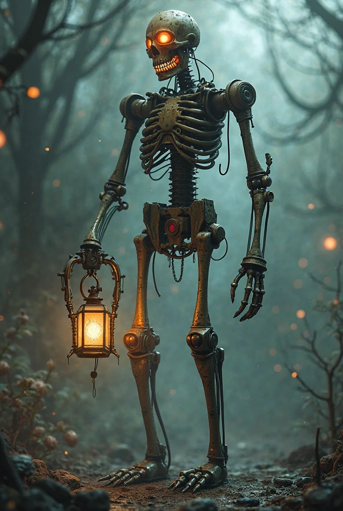 (Award-winning masterpiece:1.5), (incredible detail), (hyper realistic:1.4), (whole body:1.7), (creature emerging from darkness), (tall and skeletal figure), (disproportionately long limbs), (glowing red eyes reflecting lantern light), (dark forest), (dramatic lighting), (intricate details:1.1)