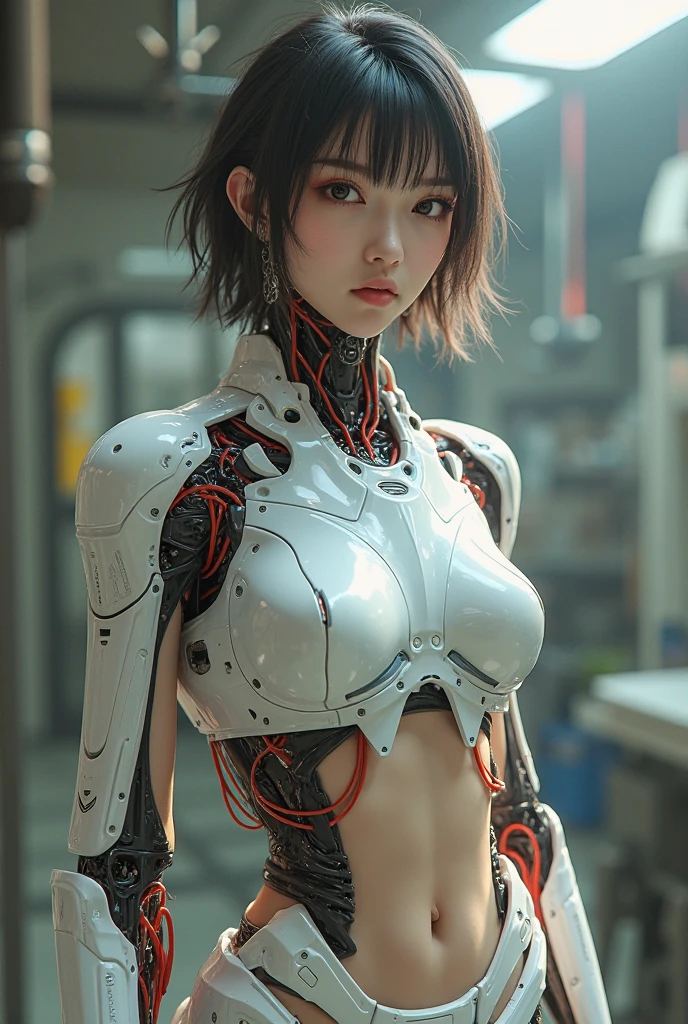 A beautiful full body photograph of a cute mechanical cyberpunk Battle Angel Alita, translucent lacework mechanical limbs and body, blood vessels connected to tubes,mechanical vertebra attaching to back, mechanical cervical attaching to neck, wires and cables connecting to head, realistic details, shadows, octane render, 8k, ultra hyperdetailed, highly intricate details, realistic light, trending on cgsociety, big eyes, neon details, depth of field f/2.8