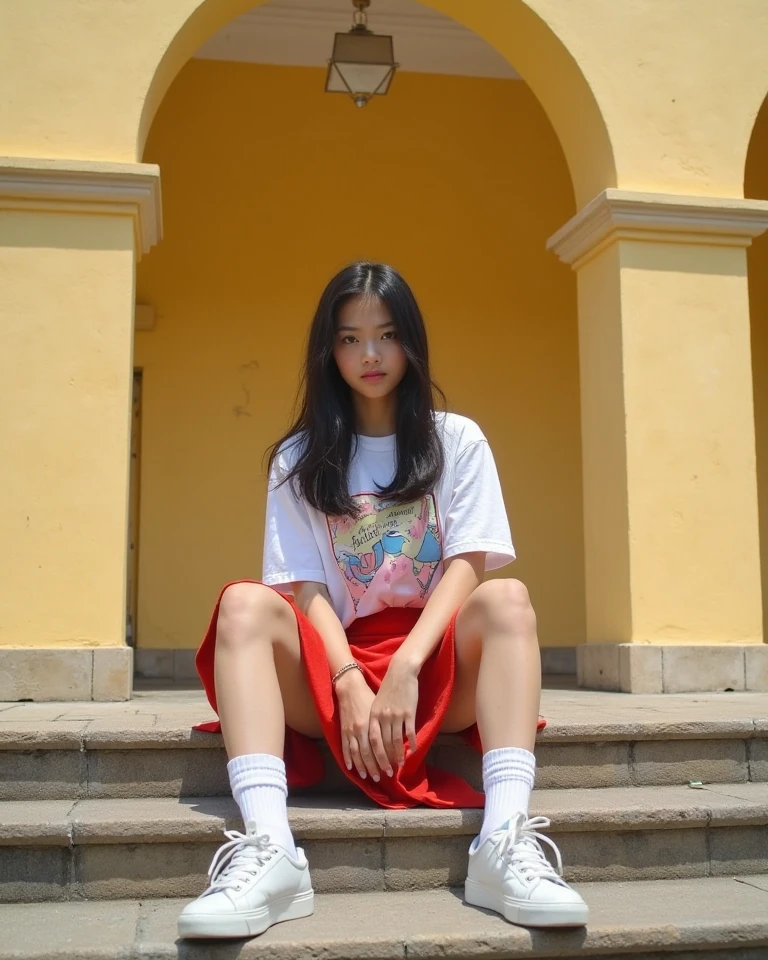 18 year old mixed race girl , European-Asian, with light brown wavy long hair, slightly tanned skin, Almond-shaped large eyes with dark brown iris, small narrow mouth with pink red lips, Medium sized nose and small ears, She wears a red very short mini skirt ,a white slip ,white short socks with light shoes, a very small white tight-fitting crop top , She sits on a big stone, on the white beach ,with trees and blue sky