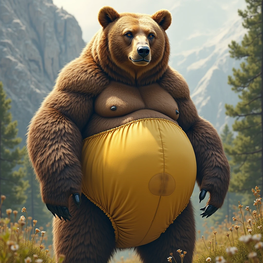 furry, fur taur, beartaur, middle-aged, 1man,  solo, red_shirt, shirt, hairy, arm_hair, leg_hair, short_hair, old, old_man, pectorals, large_pectorals, detailed face, bear ears, bear eyes(brown), bear nose(black), bear mouth, garibaldi beard(grey), mature hair(grey), detailed arms, thick arms, muscular, muscular_male, thick hands(5 fingers), detailed body belly, thick body, muscle belly(white), thick chest, chest hair(grey), detailed taur body, thick taur body, thick bear paws, thick bear tail, full body shot, summer, standing in the woods