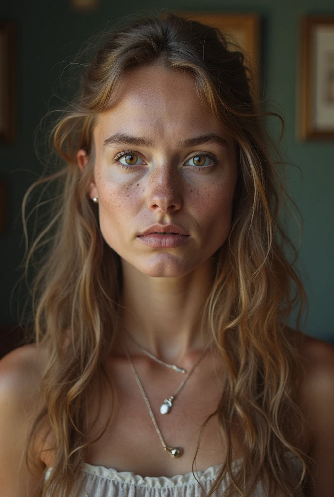 Reflector light , Masterpiece, Realistic, art of ANNIE LEIBOVITZ, Textured skin , Highest-quality , High Detailed photo , 8k, Canon EF 50mm f/1.8 STM (editorial photograph of a 30 year old woman), (highly detailed face:1.4) (smile:0.7) (background inside dark, moody, private study:1.3) ,rich colors, hyper realistic ,lifelike texture, dramatic lighting , cinestill 800, wavy hair, messy hair, curls, malicious smirk, Brown hair, freckles, blue eyes, white skin, jewels, necklace, melkor mancin comics, Janice Hanson, masterpiece, european woman, european skin, desire expression, naked