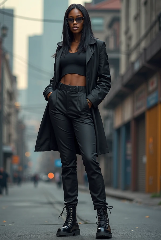(best quality, 4K, High resolution, Masterpiece: 1.2), lebanese woman, tanned skin, beautiful ultra-detailed, (Realistic, photorealistic, photo-realistic: 1.37), Best shade, Beautiful sexy fitness latin girl from Venezuela, 21 years old, Young girl, almond blue eyes, Beautiful symmetrical face, blue hair!!, full lips, hair, knotted back.l, grey leather coat, grey tee shirt, grey pants, black shoes, full body view leather,Beautiful detailed eyes, picture in Venezuela