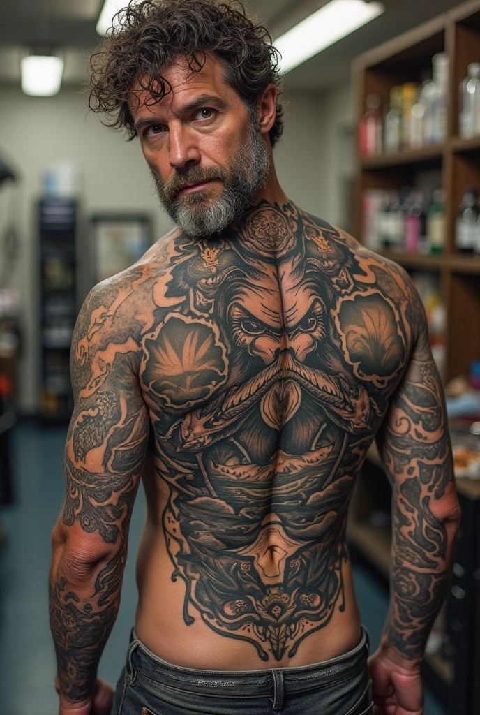 Make me a video of a handsome mature Asian man with tattoos covering his chest and shoulders wearing red underwear with white lining showing his big dick