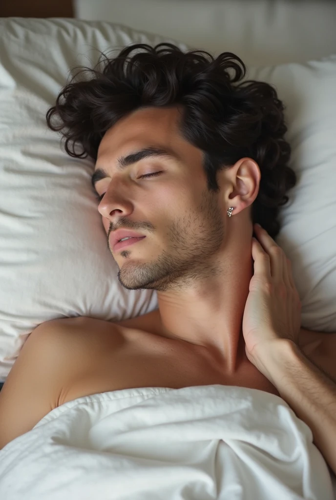 Focus on the man's face, exuding comfort and satisfaction during an intimate moment in bed. Naked and unguarded, his expression speaks volumes about his pleasure. His eyes are closed, lashes fluttering slightly, conveying a sense of bliss. His lips parted slightly, showing a hint of a smile. His facial features are sharp and defined, with a few stubble shadows gracing his jawline. His hair, messy from the encounter, falls across his forehead. The focus on his face is so crisp and clear that every detail is evident, making this moment a true work of art. (High definition, photo-realistic, 4k, detailed, captivating, masterpiece)