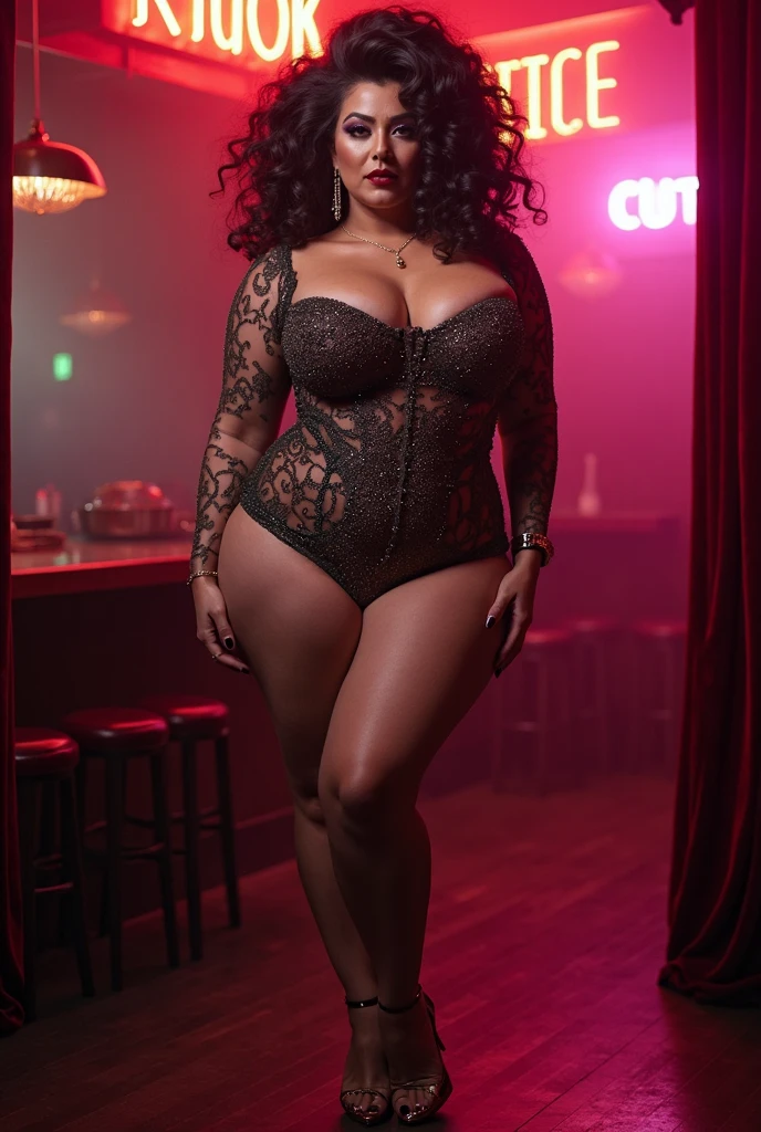 A stunning plus-size woman poses in a stunning black sequined dress with a deep V-neck and bodycon fit. Her hair is styled in soft curls, and her makeup features dramatic eyeliner and a rich lip color. The 8K photo showcases her curvy figure, glowing skin, and confident look.