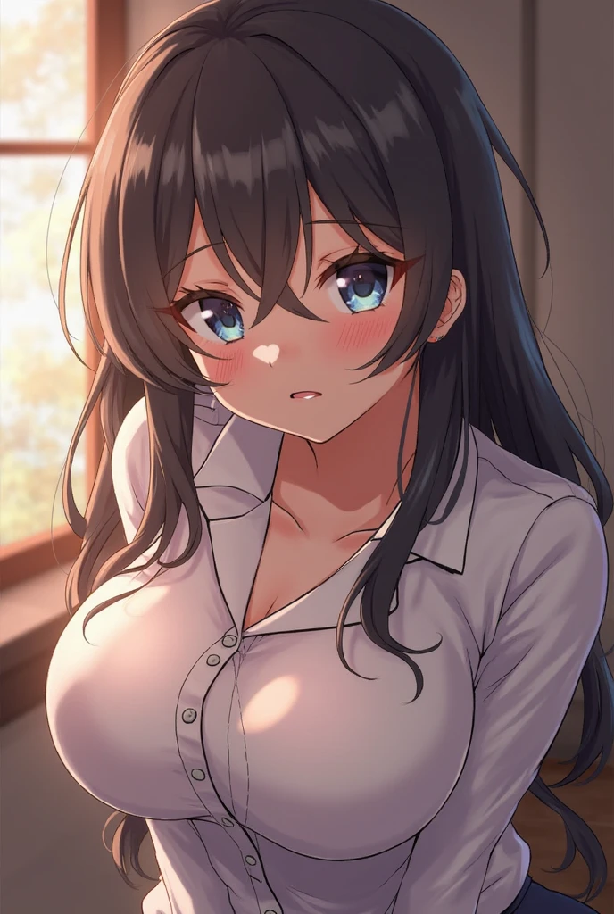 Placing hand on knee, High angle, (leaning forward:1.3), Staring、masterpiece、top-quality、 A 40-year-old green-eyed woman with wavy lobed brown bangs.、wearing a white collarless blouse、Wearing a black tight skirt、scared, open mouth, Background outside、(is standing:1.3)、Bold composition、Alone、