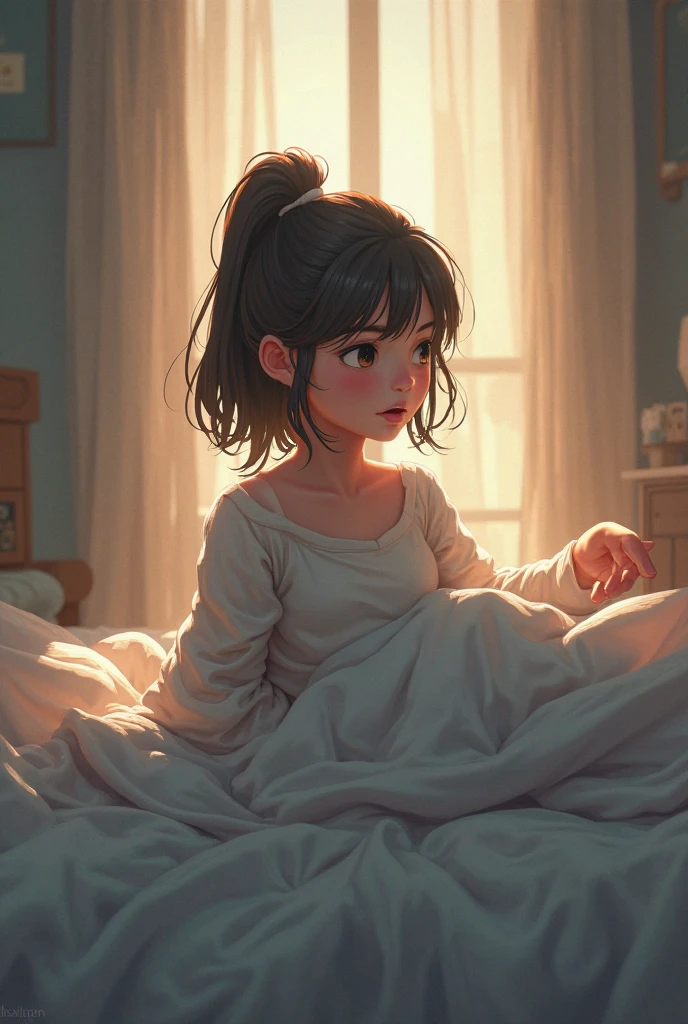 A young woman lies in bed with her foot in a curative cast. The room is dimly lit, with a window in the background showing dense, dark woods. Her expression is thoughtful and slightly anxious, hinting at a deeper story. The womman has black hair, slightly curled. 