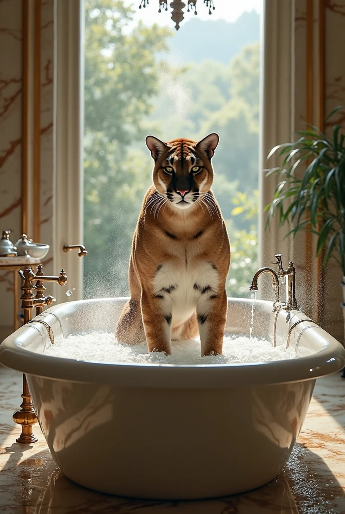 Emma Watson (age 25, busty, big butt) in a string bikini, happily showering with her actual size pet cheetah. Emma is merrily soaping up herself and the sad cheetah. Shower room
