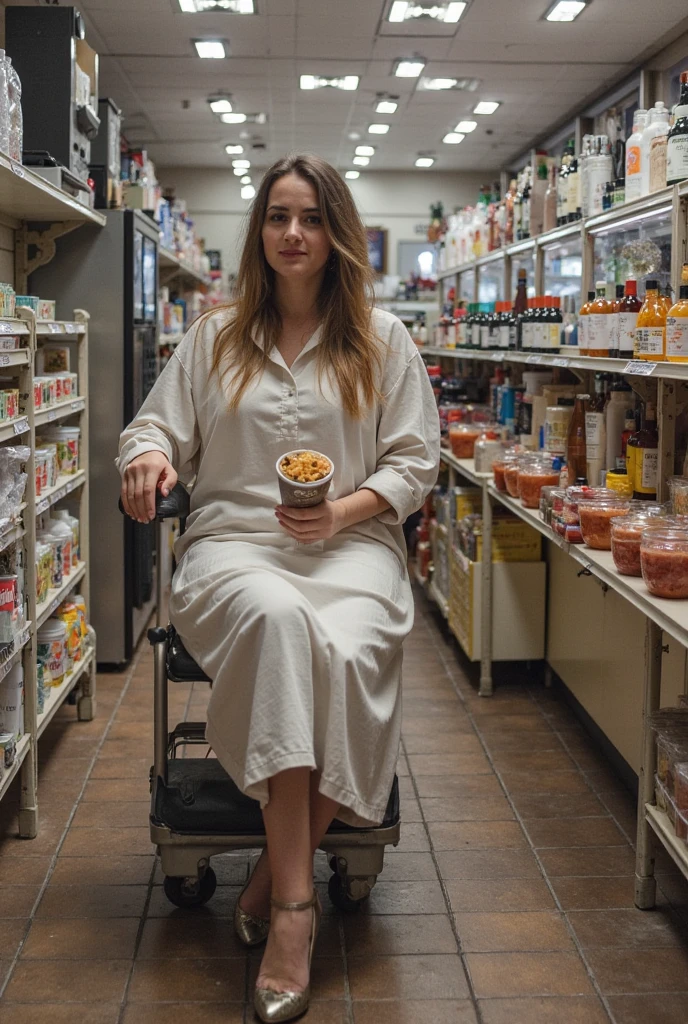 Concept: A blonde woman dressed in a robe made entirely of plastic bags, sitting on a toilet in the middle of a landfill. She’s surrounded by empty shopping carts, each filled with more plastic waste. In her hands, she holds a credit card and a disposable coffee cup, her face serene as if in meditation.