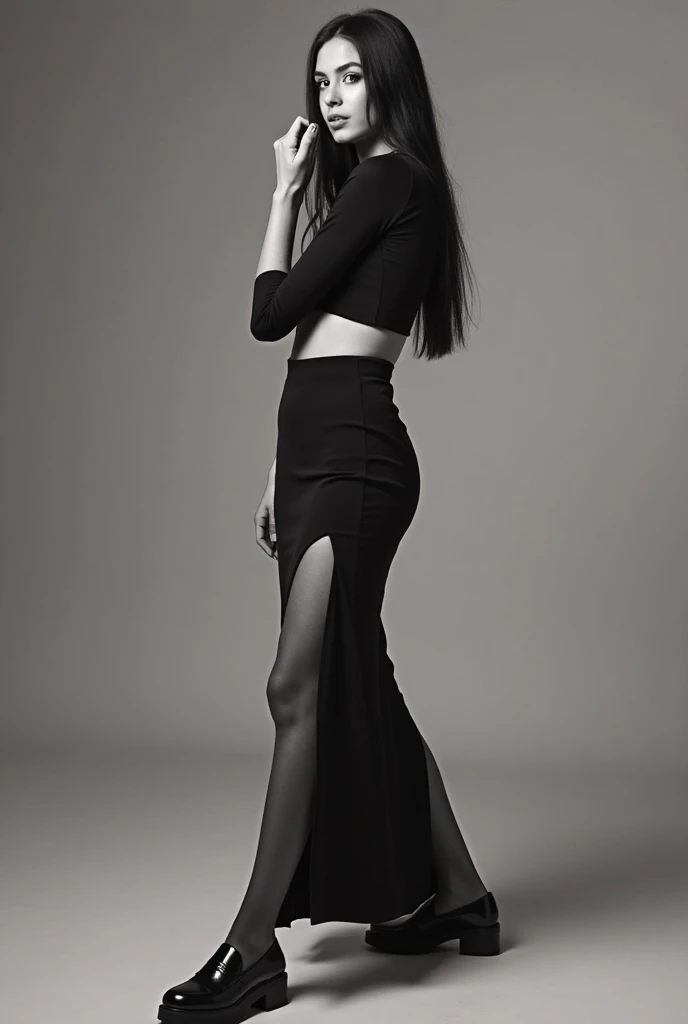 hyper realistic, 16k, best quality, masterpiece, (photorealistic:1.4), 1girl (alone), solo. Pretty young. Gothic aesthetic, goth makeup, black silky hair (realistic texture), hair fringe, realistic eyes, pele-white skin, illuminated skin, realistic shading, (modern) black gothic dress (realistic textures), big hips, tights. waist up, dramatic lighting, from below, front, front view, multiple different poses at different angles, glowing skin, front, back lighting, athletic figure, muscular female, curvy, wide hips, colorful, looking at viewer, Hyperrealistic, gradient background, dark background, outline, cinematic lighting, (chromatic aberration, intricate details)
