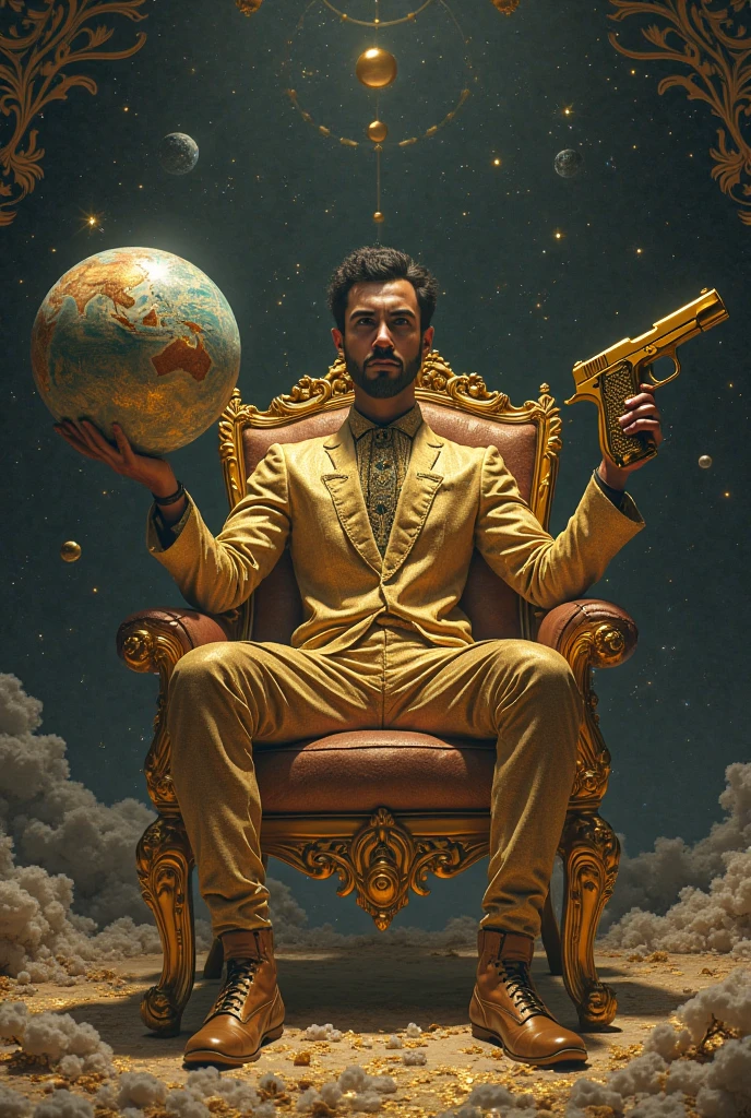 A man with a globe for his head is crowned king, sitting on a golden throne on top of a landfill 