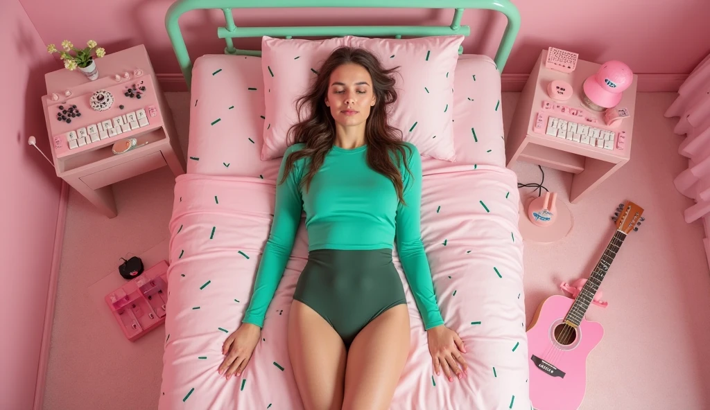 (Abstract Floral swimsuit:1.2), ornate bed, (full body:1.5), beautiful, long hair, Voluminous 80s big hair blonde color hair, bright blue eyes, seductive pose, sexy, flirty smile