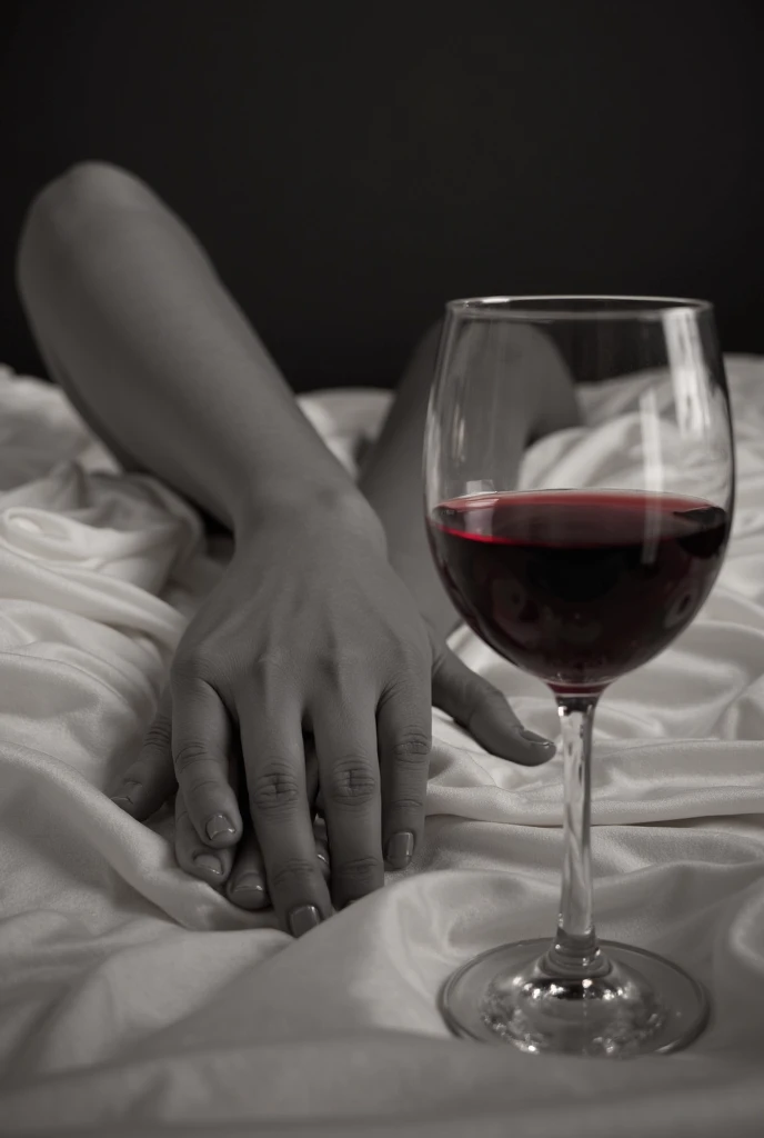 A girl lying on a floor full of blood, that in his hand he has a glass of red wine, Her skin is white, his eyes have heterochromia, His hair is curly black and short., with a maid's dress and her gaze appears to be dull