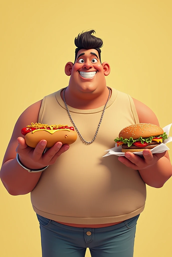Create the character Chang from the game KoF holding a skewer in one hand and holding French fries in the other hand. Create him as a chubby, bald, shirtless guy.
