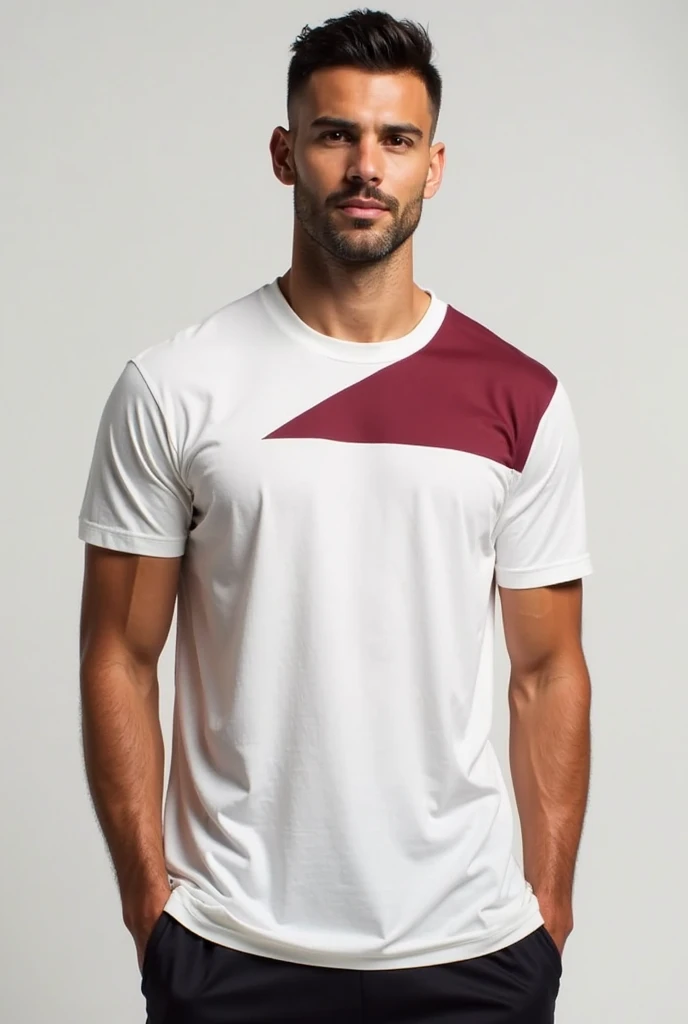 A handsome, muscular young Asian man looks at the camera. In a simple t-shirt white and red , Fieldside, grass, beach, sunlight, Carrying a camera