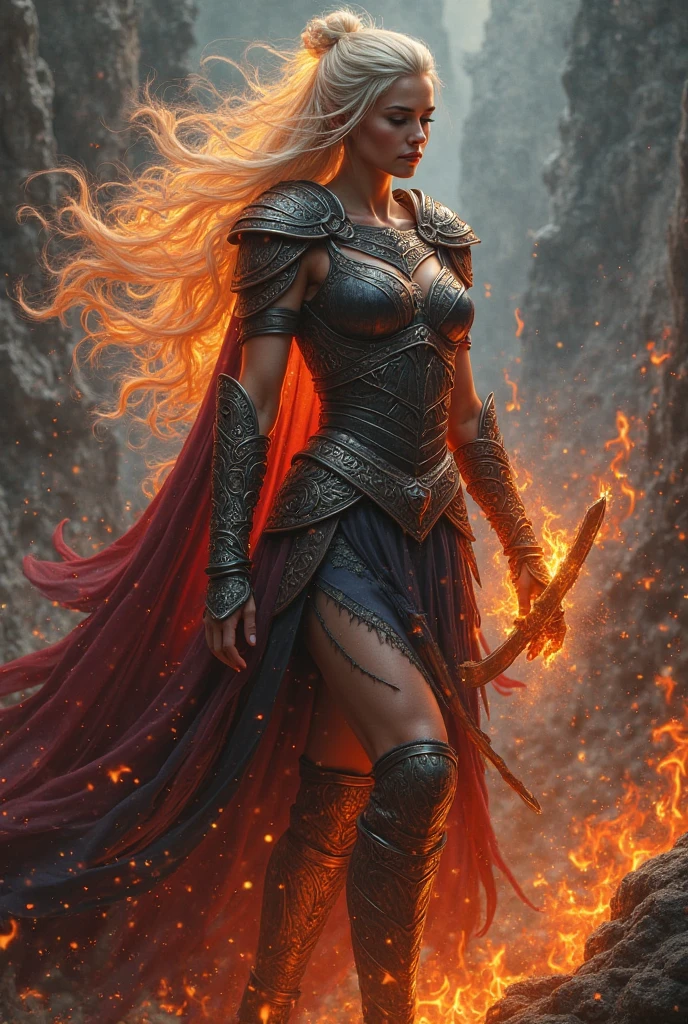 beautiful elven warrior standing in a dark, fiery landscape. She has long, flowing blonde hair styled in elegant braids, and her piercing gaze reflects both strength and determination. She wears an ornate, form-fitting red gown adorned with intricate metallic armor pieces that blend seamlessly into the fabric. Her dress flows with a fiery glow, as embers and sparks rise around her. She holds a sword in one hand, ready for battle, while the background is filled with smoke, ash, and remnants of a scorched battlefield, adding to the intense and dramatic atmosphere