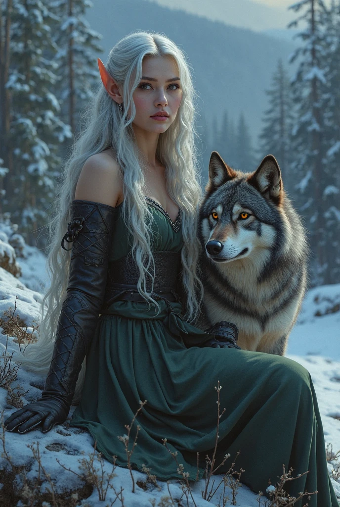 BEAUTIFUL ELF,fully body, (evil expression),(elf ear)short, bodycon dress,pulling a huge wolf by the chain(furry wolf bigger than the elf}(fantasy illustration),(high qualiy)(refined details)