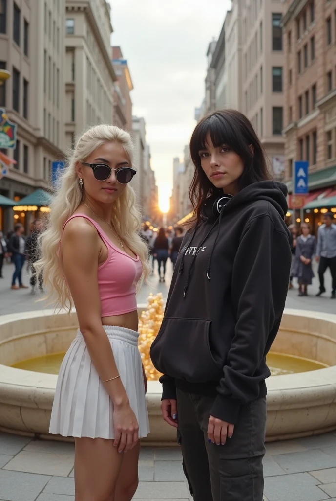 Photo de 2 femme. La première est une femme noire subsaharienne cheveux aux épaules en ponytail, yeux marrons , traits de visage fins streetwear style, crop top blanc, photo prise au milieu de time square en selfie ,sac rose plumée à l'épaule droite, femme d'une vingtaine d'années et la deuxieme femme est son amie blonde à coté d'elle. Elles tirent leur langues en se regardant. La copine blonde a un top rouge et est très belle