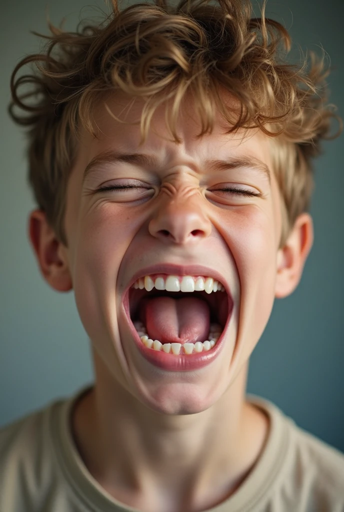 a screaming child in profile with a spike punk mohawk and a white background but the photo is in color