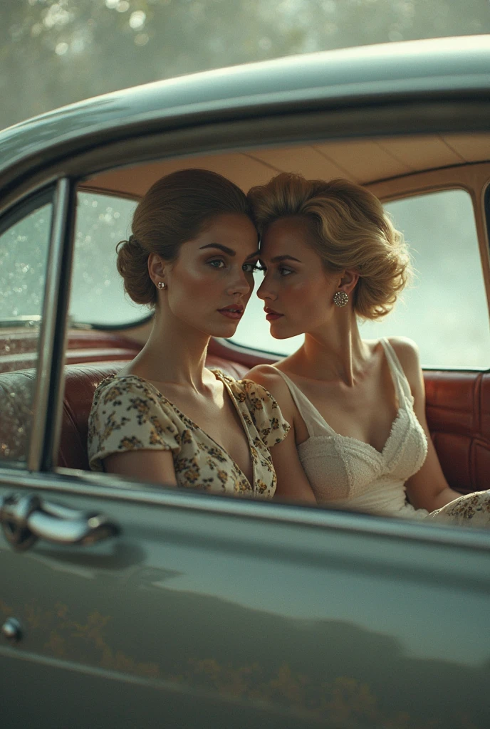A cinematic photograph of a 2 woman with long, beautiful wavy silver-blonde hair. She is wearing a red floral spaghetti strap dress and sitting in a vintage 1961-1969 Lincoln Continental. The car is on a scenic mountain road, surrounded by stunning natural landscapes and beautiful mountains in the background. The lighting is soft and natural, capturing the serene and elegant atmosphere of the scene.