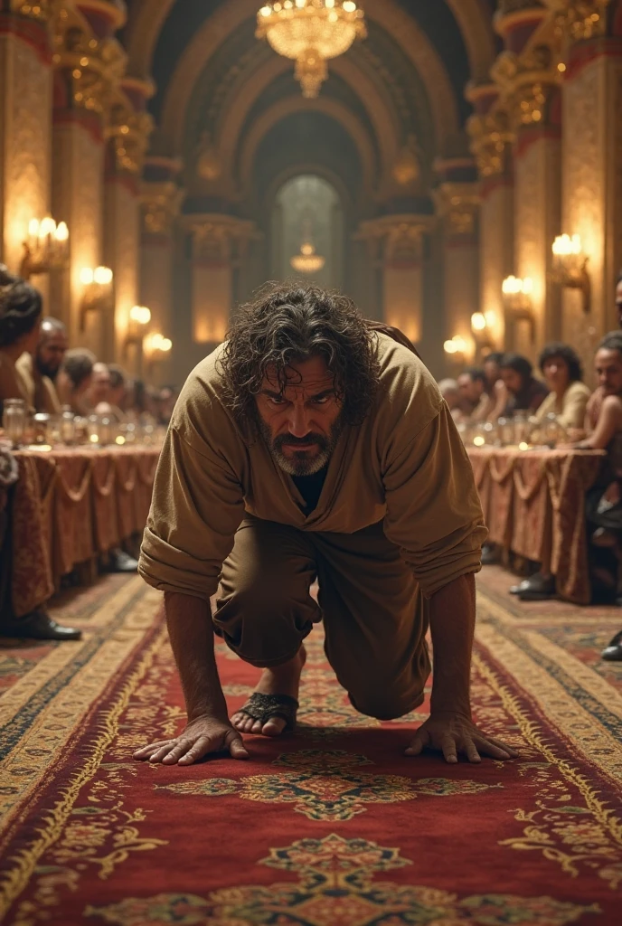 Nesta cena, Ismael, um jovem, Is lying on a mat, pronto para ser circuncidado como parte do pacto. Um homem mais velho, probably Abraham, is holding a sharp blade while a priest or elder performs the procedure. There is a look of determination and faith on Ishmael's face, apesar da dor iminente. A cena se passa em um ambiente simples, talvez uma tenda, with symbolic elements that denote the sacred character of the ritual.