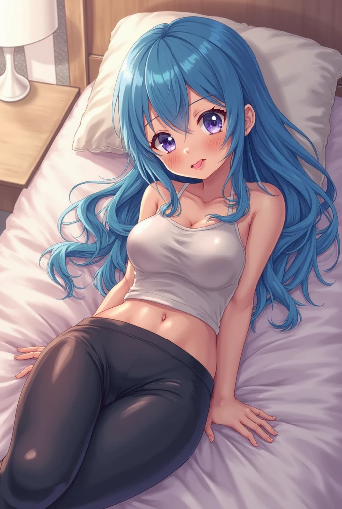 masterpiece, best quality, highly detailed, a girl lying in bed, pink panties, white tee shirt, bare breasts, smiling, blue hair, 80s, neon, synthwave