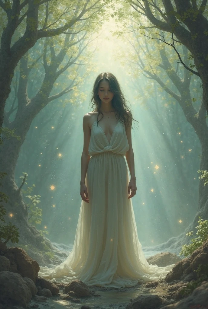 Within a dark cave with an opening at the top, zenithal lighting, bright plants gently illuminating the surroundings with a green hue, thick thighs, wide hips, mature female, (dramatic light:1.3), 
woman, hatsune miku, solo, dress, flower, long hair, white dress, twintails, very long hair, hol