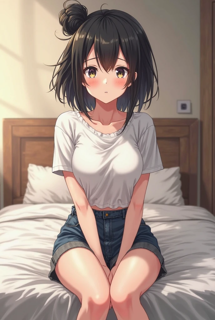 full body, 1girl, open mouth, detailed face, black hair, gloss hair, black eyes, highres, highly detailed face, Detailed eyes, bedroom, lingerie, underwear, reluctant expression, looking down, downtrodden, good proportions, sitting on bed, bare feet, bare midriff