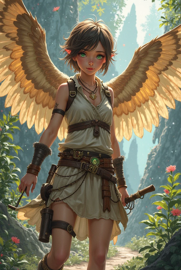 ((Best Quality)), ((masterpiece)), (detailed), {original}, {realist}, Girl, (Masterpiece of art), (ultra quality), Girl cabello cortito, short hair, young, fury face, linda, beauty, flat nose, parts, introvert, beautiful, short hair, sapphire jade pendant, whole body, Elf's ears, defensive pose, elegance, fiery red eyes, survivor, costume with wings, Long pants, sneakers, socks, stitched ears, Bow and arrows, attacking,