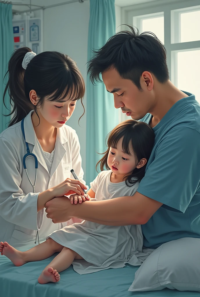 A lady doctor is looking at patient her  and holding a report card A patient is looking at a child sitting on a bed A ??? is looking at a guy and a guy is looking at that kid. Here is girl kid in varsity hall and the whole picture is a dark dark picture and the ??? is highlighted here.  