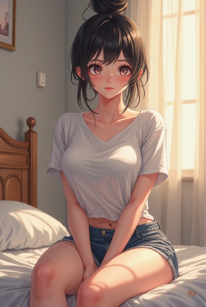 woman、Glamour、paparazzi shooting、Black-haired、Bobcut, ((Wearing a white T-shirt:1.5)), 8K、high resolution、Tabletop、Highest quality、hard disk、Very detailed、3D lighting、Realistic、Sit on the sofa、((Wet body))、雨にWet body、Shiny body、Pointed nipples、((Oiled body))、((greasy body))、((Shoot from the front)),Bookを持つ,Bookを所持,Book