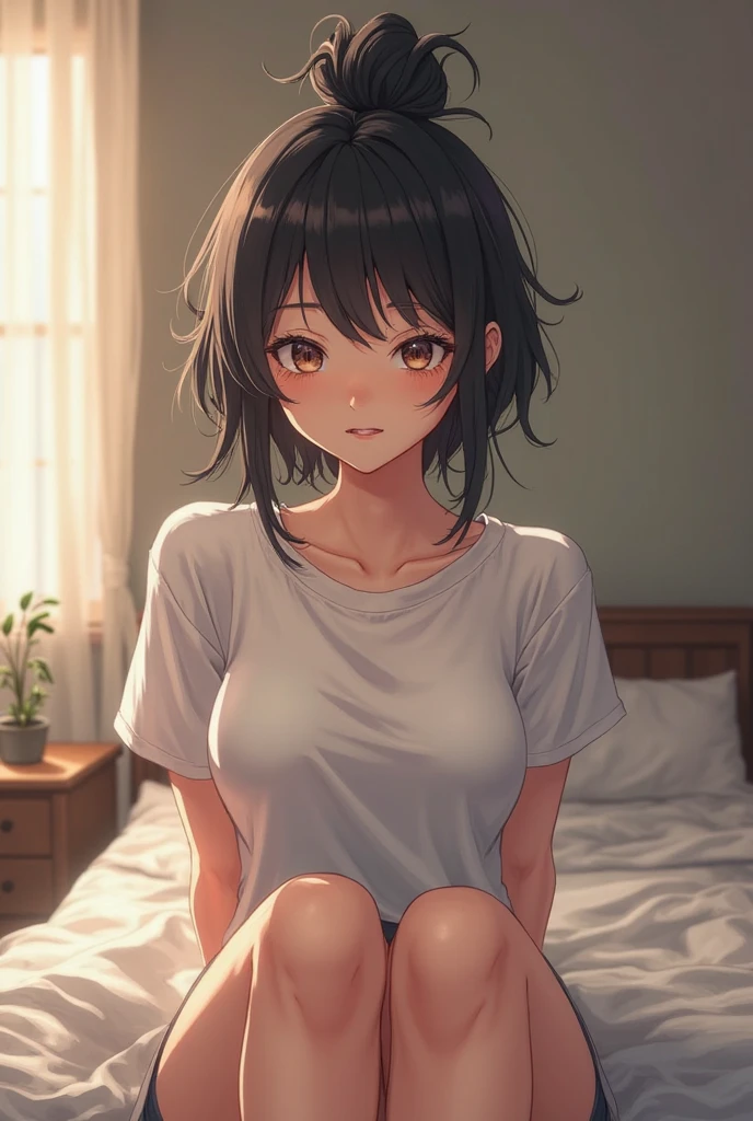 OL　23 years old　Slender　Glasses　Beauty　Black Hair　Short Bob　Boyfriend'sＴshirt　Panties　Well good　Boyfriend&#39;s Room　Embarrassed expression　Sit on the bed　Light pigmentation　draw a thin line　Small breasts　I&#39;m not wearing pants　Nipples are visible
