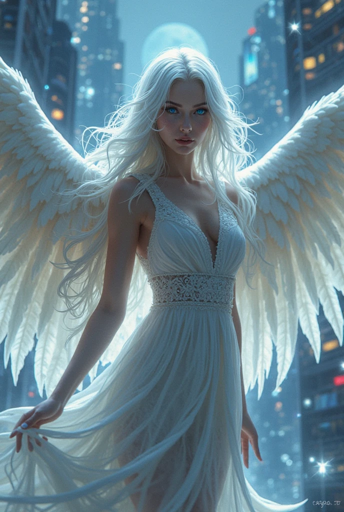 (tmasterpiece), (beste-Qualit:1.4), Direct view, [:intricate detials:0.2], Extremely detailed, (s fractal art: 1.3), Colorful, As detailed as possible, large natural breast, Very very long white hair, Sleepy gaze, Developing hair, A shot between the hair, white short sheer dress with sleeves, (gap between the thighs:1.1), (high skin detail: 1.2), angel, nimbus, Huge angel wings, The sky, Shimmering aura, Intense Focus, Crackling energy, Mysterious symbols, Sparkling specks of dust,