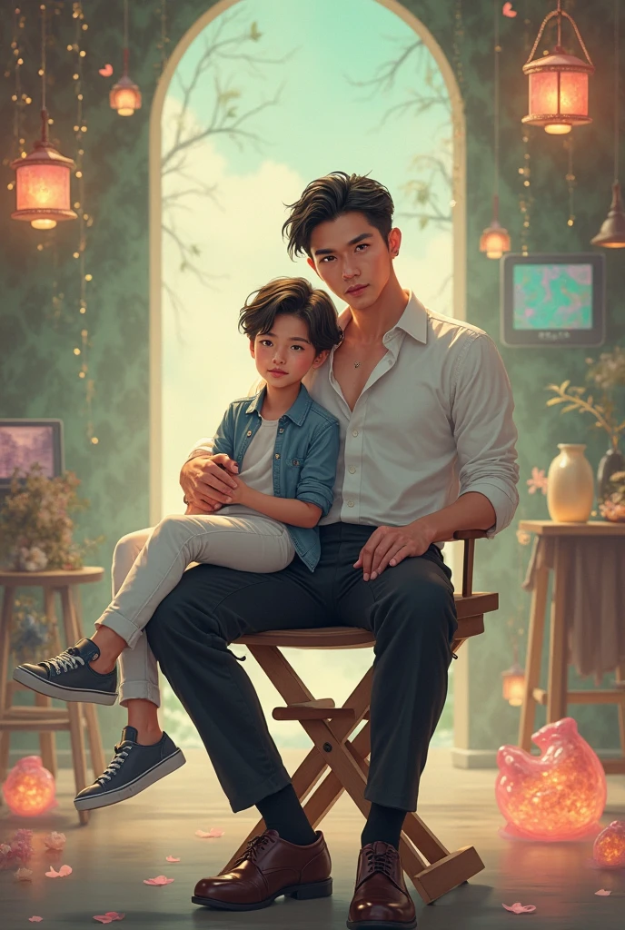 A crow is sitting with a man sitting on his lap and in his arms a  child smiling 