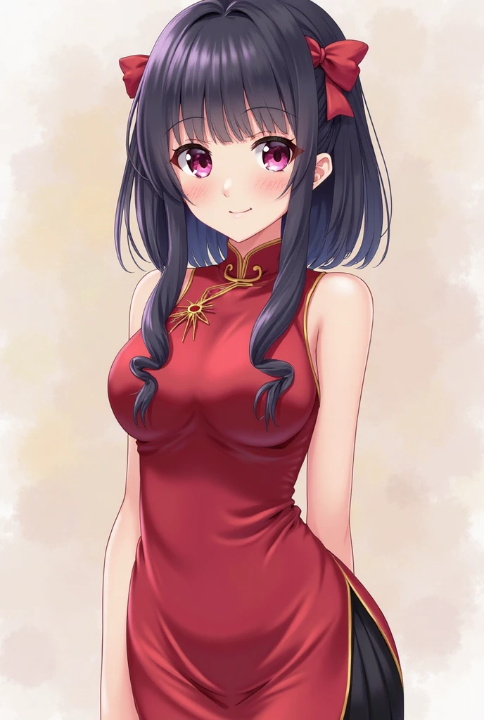 red chinese dress, 1 girl, alone, Bblack hair, shorth hair, ssmile