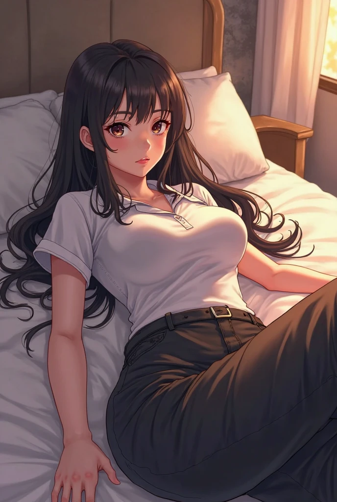 ((32 year old adult calm woman))、Adult women beige color casual clothes、Dark blue skirt、Lying on the bed、Long black hair