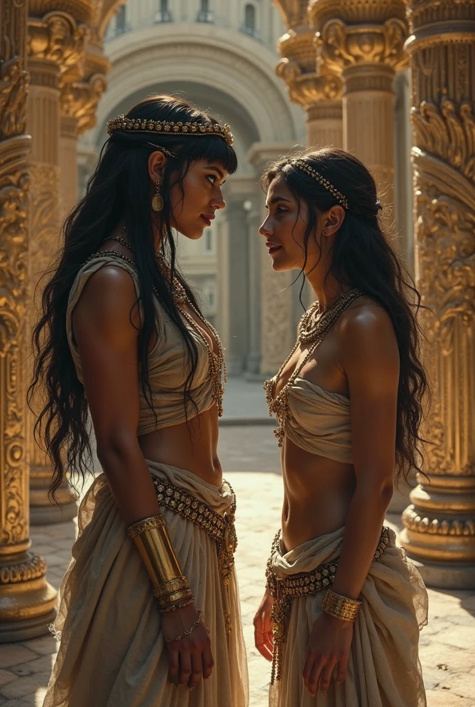 Isabel Merced as a mayan princess in princess clothing, bob_cut hair, kissing lara croft muscular full, big breasts:1.3, challenging look