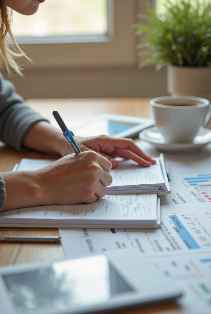 An illustration that represents a monthly budget. The scene shows an organized desk with a spreadsheet or an open notebook containing notes and details about income and expenses. Pode haver uma calculadora, pencil and a cup of coffee on the side, indicating focus and concentration on financial planning.
O ambiente ao redor pode ser tranquilo e inspirador, like a home office or a desk in a cozy café. Soft lighting can emphasize the feeling of calm and concentration.
The colors of the illustration can be soft and pleasant, conveying an atmosphere of organization and control. Details such as charts or highlighted numbers can underscore the importance of close monitoring of finances.
Notes in the spreadsheet or notebook may vary by budget categories, as food, moradia, lazer, entre outras, Showing the scope of financial planning.
This illustration represents the importance of a monthly budget for financial control and the balance of personal finances. It encourages the viewer to adopt responsible financial planning practices, showing that the organization of finance is fundamental to achieving financial goals and objectives in a conscious and successful way. --ar 16:9 --v 5