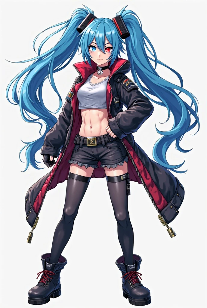 masterpiece,best quality, blue hair, long hair, red eyes, hooded jacket, short dress, striped clothes, fingerless gloves, sleeves past wrists, belt, thigh strap, striped thighhighs, boots