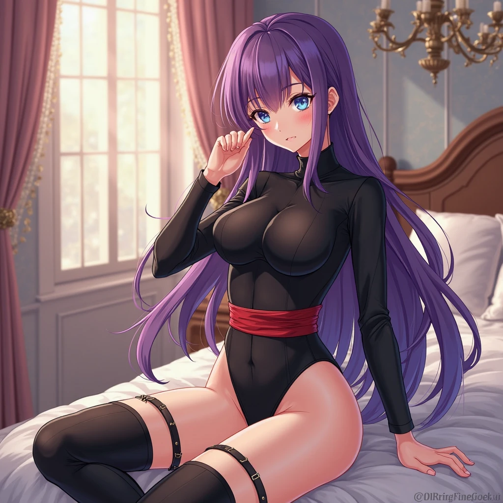 (masterpiece: 1.4), best quality, 1girl,
long hair, female , (angry: 1.2), purple hair, twintails, , tusk, purple eyes, black ribbon, medium breasts, thin thigh, slim body, thin legs, full body,
(shiny skin), look at the viewer, black bodysuit, torn legwear, bare feet,
(wet, sweat,
lying down, bed