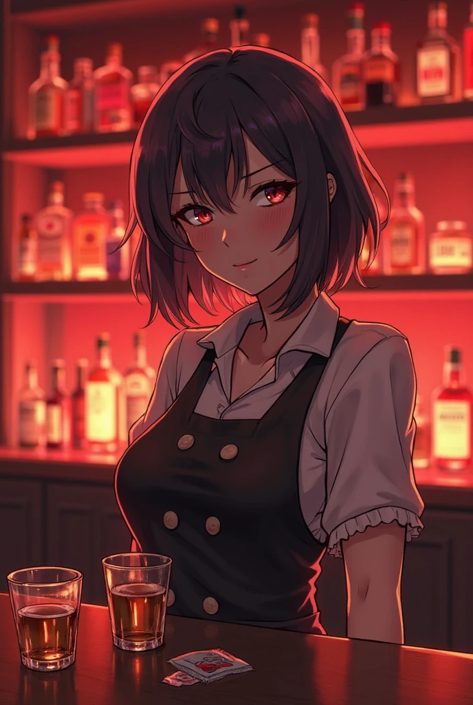 good looking, alone, 1 female, Medium Hair, Brown Hair, Pink highlights on the tips, Pale pink eyes,Smile Face,night,pub,Black Dress,Cocktail