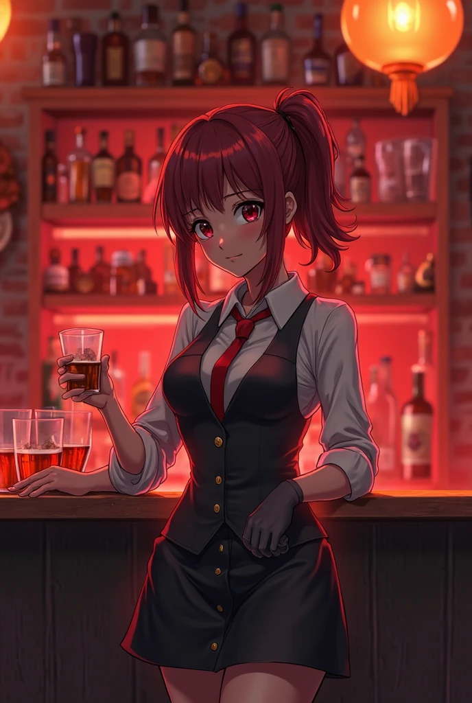 Angle from directly above, (shot bar counter: 1.5), dark brown bar counter, wide bar counter, bottle shelf behind, (glass held out by female bartender's hand: 1.5), young female bartender holding out from inside the bar counter, Caucasian, short hair, red hair, white skin, black bow tie, A white collar, a bralette made of black rubber fabric, a bralette with lace frills on the edge of the chest, a tight miniskirt made of black rubber fabric, bare skin on the arms, bare skin on the shoulders, bare skin on the stomach, a whiskey-filled rocks glass, a lonely expression, Realistic, precise, masterpiece
