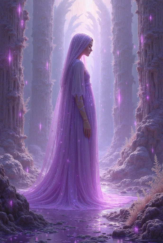 Temple of the Night。Blue Full Moon。Purple Magic Circle。Divine Veil of Light。mysterious。goddess。White thin clothing。purple ornaments。