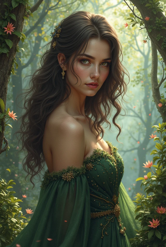 "(((obra-prima))), melhor qualidade, ultra-detallhado, High resolution CG image with a beautiful woman with brown hair with bright green eyes, retratados em detalhes fascinantes. His delicate body is accurately represented at every angle. Ela possui longos cabelos castanho que caem suavemente sobre seu vestido da era vitoriana. The upper part of his body is sculpted to perfection. "
